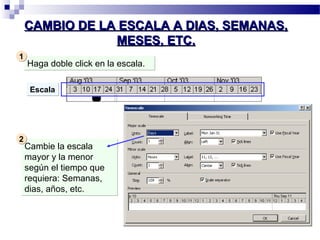 CAMBIO DE LA ESCALA AA DDIIAASS,, SSEEMMAANNAASS,, 
MMEESSEESS,, EETTCC.. 
HHaaggaa ddoobbllee cclliicckk eenn llaa eessccaallaa.. 
EEssccaallaa 
Cambie la escala 
mayor y la menor 
según el tiempo que 
requiera: Semanas, 
dias, años, etc. 
11 
22 
 