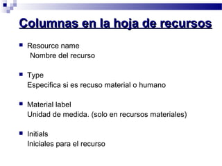 CCoolluummnnaass eenn llaa hhoojjaa ddee rreeccuurrssooss 
 Resource name 
Nombre del recurso 
 Type 
Especifica si es recuso material o humano 
 Material label 
Unidad de medida. (solo en recursos materiales) 
 Initials 
Iniciales para el recurso 
 