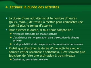 4. Estimer la durée des activités 
La durée d’une activité inclut le nombre d’heures 
(jours, mois…) de travail à mettre pour compléter une 
activité plus le temps d’attente 
Pour estimer la durée, il faut tenir compte de : 
Niveau de difficulté de chaque activité 
L’expérience de l’organisation dans l’exécution de chaque 
activité 
La disponibilité et de l’expérience des ressources nécessaires 
Plutôt que d’estimer la durée d’une activité avec un 
nombre entier (exemple 4 semaines), il est souvent plus 
judicieux de faire une estimation à trois niveaux 
Optimiste, pessimiste, réaliste 
 