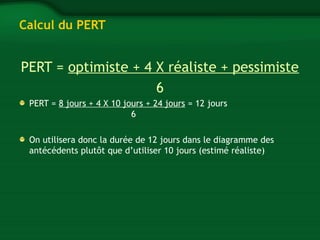Calcul du PERT 
PERT = optimiste + 4 X réaliste + pessimiste 
6 
PERT = 8 jours + 4 X 10 jours + 24 jours = 12 jours 
6 
On utilisera donc la durée de 12 jours dans le diagramme des 
antécédents plutôt que d’utiliser 10 jours (estimé réaliste) 
 