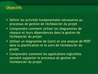 Objectifs 
Définir les activités fondamentales nécessaires au 
processus de gestion de l'échéancier du projet 
Comprendre comment utiliser les diagrammes de 
réseaux et leurs dépendances dans la gestion de 
l'échéancier du projet 
Utiliser un diagramme de Gantt et une analyse de PERT 
dans la planification et le suivi de l'échéancier du 
projet 
Comprendre comment les applications logicielles 
peuvent supporter le processus de gestion de 
l'échéancier du projet 
 
