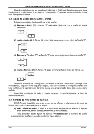 GESTÃO INFORMATIZADA DE PROJETOS - MS-PROJECT 2007 BR
AMF 18 / 42
Quando estabelecemos um vínculo entre tarefas, o Gráfico de Gantt mostra uma linha
interligando a predecessora à sucessora, como padrão. É possível omitir essa linha como
será visto posteriormente.
6.2. Tipos de Dependência entre Tarefas
Existem quatro tipos de dependência entre tarefas:
a) Término a início (TI): a tarefa “B” não pode iniciar até que a tarefa “A” tenha
terminado.
b) Início a Início (II): A Tarefa “B” pode iniciar juntamente com o início da Tarefa “A”.
c) Término a Término (TT): A Tarefa “B” pode terminar juntamente com a tarefa “A”.
d) Início a Término (IT): A Tarefa “B” pode terminar antes do Início da Tarefa “A”.
Devemos elaborar um cronograma com todas as tarefas “amarradas”, ou seja, com
dependência, seguindo uma seqüência lógica, para que durante o acompanhamento não
haja problemas no agendamento da tarefa e para uma programação diária dos serviços bem
realista.
Concluída vinculação de todo o projeto, teremos, conseqüentemente, a data de
término do Projeto.
6.3. Formas de Relacionar as Tarefas
O MS-Project possibilita inúmeras formas de se efetuar o relacionamento entre as
tarefas, das quais podemos destacar a seguir:
a) Pelo Gráfico de Gantt – Essa é a forma mais simples de se efetuar a ligação
entre as tarefas, sendo conseqüentemente, a mais utilizada.
Para proceder, basta digitar na coluna “Predecessoras” o número da tarefa
predecessora à tarefa em questão, conforme figura abaixo.
 