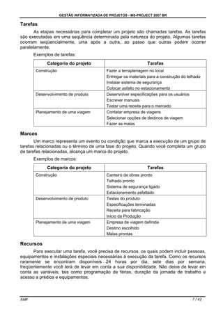 GESTÃO INFORMATIZADA DE PROJETOS - MS-PROJECT 2007 BR
AMF 7 / 42
Tarefas
As etapas necessárias para completar um projeto são chamadas tarefas. As tarefas
são executadas em uma seqüência determinada pela natureza do projeto. Algumas tarefas
ocorrem seqüencialmente, uma após a outra, ao passo que outras podem ocorrer
paralelamente.
Exemplos de tarefas:
Categoria do projeto Tarefas
Construção Fazer a terraplenagem no local
Entregar os materiais para a construção do telhado
Instalar sistema de segurança
Colocar asfalto no estacionamento
Desenvolvimento de produto Desenvolver especificações para os usuários
Escrever manuais
Testar uma receita para o mercado
Planejamento de uma viagem Contatar empresa de viagens
Selecionar opções de destinos de viagem
Fazer as malas
Marcos
Um marco representa um evento ou condição que marca a execução de um grupo de
tarefas relacionadas ou o término de uma fase do projeto. Quando você completa um grupo
de tarefas relacionadas, alcança um marco do projeto.
Exemplos de marcos:
Categoria do projeto Tarefas
Construção Canteiro de obras pronto
Telhado pronto
Sistema de segurança ligado
Estacionamento asfaltado
Desenvolvimento de produto Testes do produto
Especificações terminadas
Receita para fabricação
Inicio da Produção
Planejamento de uma viagem Empresa de viagem definida
Destino escolhido
Malas prontas
Recursos
Para executar uma tarefa, você precisa de recursos, os quais podem incluir pessoas,
equipamentos e instalações especiais necessárias à execução da tarefa. Como os recursos
raramente se encontram disponíveis 24 horas por dia, sete dias por semana,
freqüentemente você terá de levar em conta a sua disponibilidade. Não deixe de levar em
conta as variáveis, tais como programação de férias, duração da jornada de trabalho e
acesso a prédios e equipamentos.
 