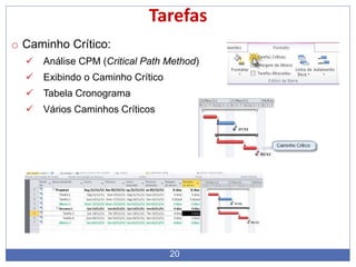 20
Tarefas
o Caminho Crítico:
 Análise CPM (Critical Path Method)
 Exibindo o Caminho Crítico
 Tabela Cronograma
 Vários Caminhos Críticos
 