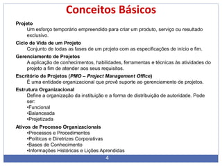 4
Conceitos Básicos
Projeto
Um esforço temporário empreendido para criar um produto, serviço ou resultado
exclusivo.
Gerenciamento de Projetos
A aplicação de conhecimentos, habilidades, ferramentas e técnicas às atividades do
projeto a fim de atender aos seus requisitos.
Ciclo de Vida de um Projeto
Conjunto de todas as fases de um projeto com as especificações de início e fim.
Escritório de Projetos (PMO – Project Management Office)
É uma entidade organizacional que provê suporte ao gerenciamento de projetos.
Estrutura Organizacional
Define a organização da instituição e a forma de distribuição de autoridade. Pode
ser:
•Funcional
•Balanceada
•Projetizada
Ativos de Processo Organizacionais
•Processos e Procedimentos
•Políticas e Diretrizes Corporativas
•Bases de Conhecimento
•Informações Históricas e Lições Aprendidas
 