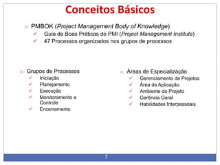 7
Conceitos Básicos
o PMBOK (Project Management Body of Knowledge)
 Guia de Boas Práticas do PMI (Project Management Institute)
 47 Processos organizados nos grupos de processos
o Grupos de Processos
 Iniciação
 Planejamento
 Execução
 Monitoramento e
Controle
 Encerramento
o Áreas de Especialização
 Gerenciamento de Projetos
 Área de Aplicação
 Ambiente do Projeto
 Gerência Geral
 Habilidades Interpessoais
 