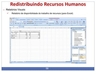 58
Redistribuindo Recursos Humanos
o Relatórios Visuais
 Relatório de disponibilidade do trabalho de recursos (para Excel)
 