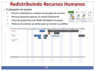 59
Redistribuindo Recursos Humanos
o O planejador de equipes
 Provê a visibilidade do contexto da alocação de recursos
 Recurso disponível apenas na versão Professional
 Faixa de opções Recurso/ Botão Planejador de equipe
 Pode-se movimentar as tarefas para se resolver os conflitos
 