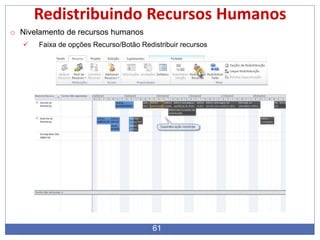 61
Redistribuindo Recursos Humanos
o Nivelamento de recursos humanos
 Faixa de opções Recurso/Botão Redistribuir recursos
 