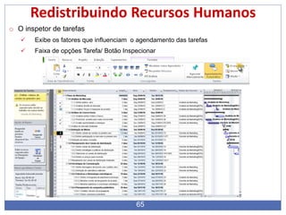 65
Redistribuindo Recursos Humanos
o O inspetor de tarefas
 Exibe os fatores que influenciam o agendamento das tarefas
 Faixa de opções Tarefa/ Botão Inspecionar
 
