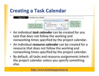 Creating a Task Calendar                                          XP




      • An individual task calendar can be created for any
        An individual task calendar can be created for any 
        task that does not follow the working and 
        nonworking times specified by the project calendar. 
      • An individual resource calendar can be created for a 
        resource that does not follow the working and 
        nonworking times specified by the project calendar. 
        nonworking times specified by the project calendar
      • By default, all tasks and resource assignments inherit 
            p j                      y    p y            g
        the project calendar unless you specify something 
        else. 
                                       http://www.learningquotient.in
New Perspectives on Microsoft Project 2010                                   13
 