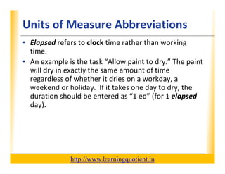 Units of Measure Abbreviations                                    XP

      • Elapsed refers to clock time rather than working 
        time.
      • An example is the task “Allow paint to dry.” The paint 
        will dry in exactly the same amount of time 
        regardless of whether it dries on a workday, a 
              dl      f h h       d             kd
        weekend or holiday.  If it takes one day to dry, the 
        duration should be entered as  1 ed (for 1 elapsed
        duration should be entered as “1 ed” (for 1 elapsed
        day). 




                                       http://www.learningquotient.in
New Perspectives on Microsoft Project 2010                                   25
 