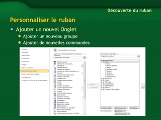 Personnaliser le ruban 
Ajouter un nouvel Onglet 
Ajouter un nouveau groupe 
Ajouter de nouvelles commandes 
Découverte du ruban 
 