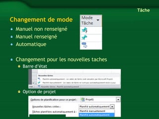 Changement de mode 
Manuel non renseigné 
Manuel renseigné 
Automatique 
Changement pour les nouvelles taches 
Barre d’état 
Option de projet 
Tâche 
 