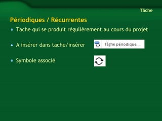Périodiques / Récurrentes 
Tache qui se produit régulièrement au cours du projet 
A insérer dans tache/insérer 
Symbole associé 
Tâche 
 