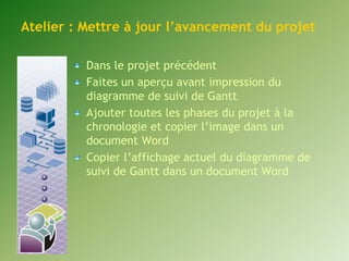 Atelier : Mettre à jour l’avancement du projet 
Dans le projet précédent 
Faites un aperçu avant impression du 
diagramme de suivi de Gantt 
Ajouter toutes les phases du projet à la 
chronologie et copier l’image dans un 
document Word 
Copier l’affichage actuel du diagramme de 
suivi de Gantt dans un document Word 
