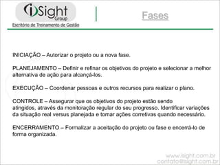 PMIInstituição sem fins lucrativos, dedicada ao fomento do “estado-da-arte” dos conhecimentos e práticas da Gestão de Projetos;Criado no final dos anos 60 na Philadelphia, EUA;8.500 participantes ao início da década de 9017.000 participantes em 2005270.000 participantes atualmente em 161 países;Estrutura de representatividade na forma de capítuloshttp://www.pmi.org.brhttp://www.pmisp.org.brGuia PMBOK® - Project Management BodyofKnowledgeGuia do Conjunto de Conhecimento da Gestão de ProjetosBoas práticas