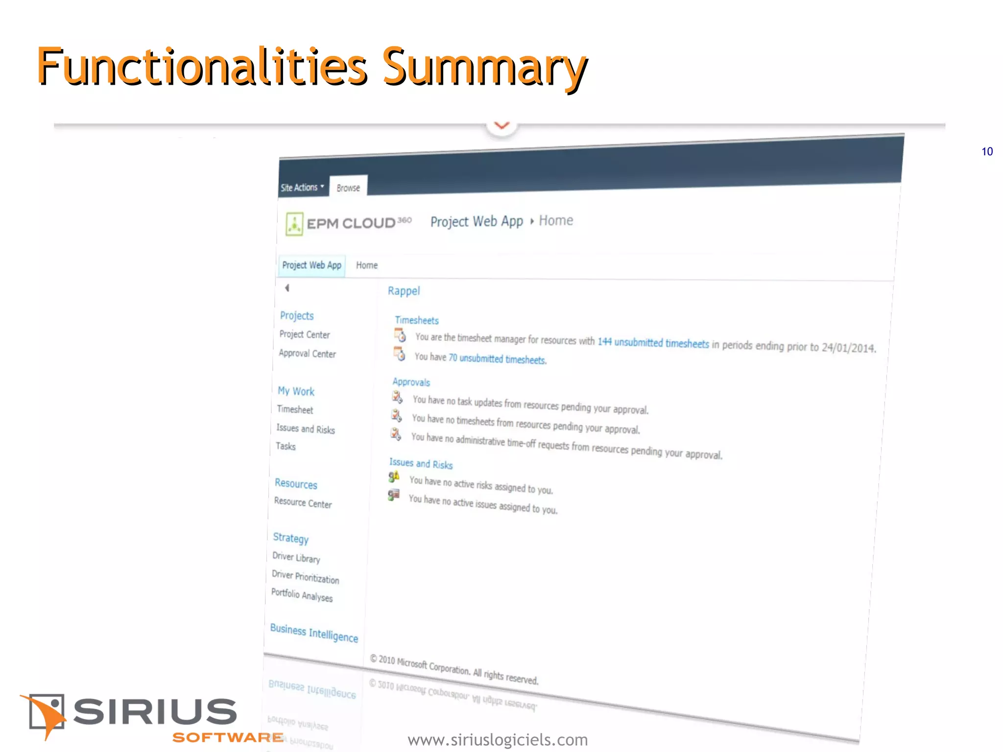 10
www.siriuslogiciels.com
Functionalities SummaryFunctionalities Summary
 