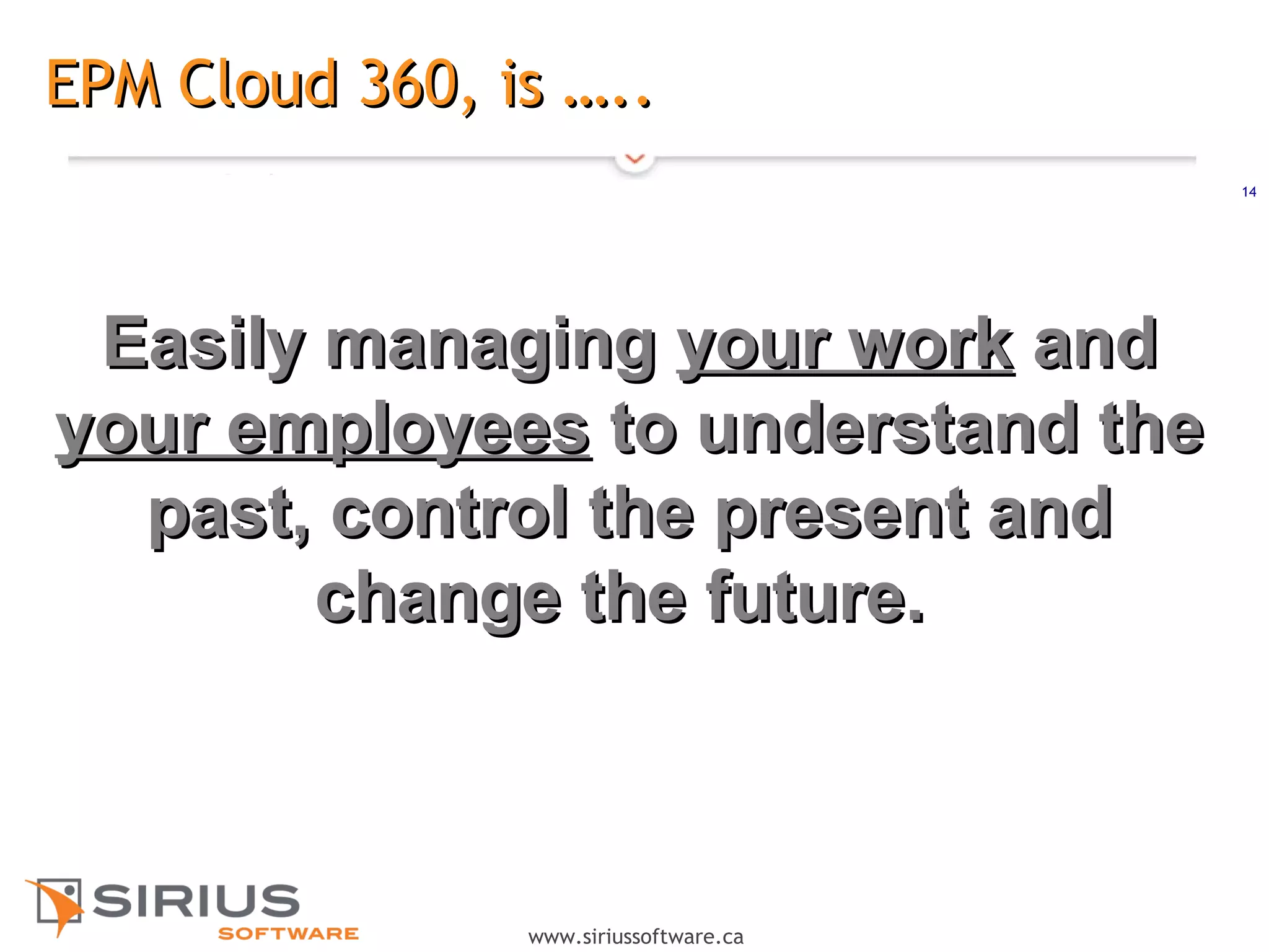 14
www.siriussoftware.ca
EPM Cloud 360, is …..EPM Cloud 360, is …..
Easily managingEasily managing your workyour work andand
your employeesyour employees tto understand theo understand the
past, control the present andpast, control the present and
change the futurechange the future..
 