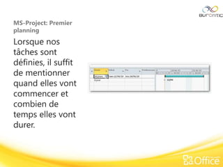 MS-Project: Premier
planning
Lorsque nos
tâches sont
définies, il suffit
de mentionner
quand elles vont
commencer et
combien de
temps elles vont
durer.
 