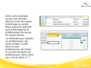 Dans notre exemple,
toutes nos activités
devront avoir lieu après
le bêchage du jardin.
Nous pouvons spécifier
que le bêchage est le
prédécesseur de toutes
les autres tâches.
La méthode pour ajouter
un prédécesseur est
assez simple, il suffit
dans la case
prédécesseur de mette
le numéro de tâche du
prédécesseur. Dans notre
cas, c'est la tâche n° 1.
Perfectionnement d’Excel 2010
 