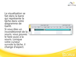 La visualisation se
fait dans la barre
qui représente la
tâche dans votre
diagramme de
Gantt.
Si vous êtes un
inconditionnel de la
souris, vous pouvez
le faire aussi à la
souris. Lorsque
votre curseur
survole la tâche, il
change d'aspect.
 