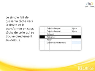 Le simple fait de
glisser la tâche vers
la droite va la
transformer en sous-
tâche de celle qui se
trouve directement
au-dessus.
 