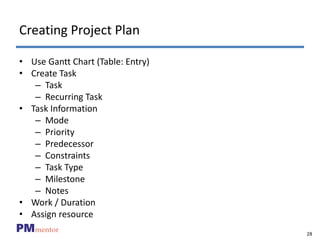 28
PMmentor
Creating Project Plan
• Use Gantt Chart (Table: Entry)
• Create Task
– Task
– Recurring Task
• Task Information
– Mode
– Priority
– Predecessor
– Constraints
– Task Type
– Milestone
– Notes
• Work / Duration
• Assign resource
 