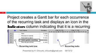 34




     Project creates a Gantt bar for each occurrence
     of the recurring task and displays an icon in the
     Indicators column indicating that it is a recurring
     task


            Recurring task icon                               Recurring tasks

               Presented by H. Chinunki, chinunki@gmail.com   09/13/12
 