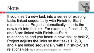 Note
48




     If you insert a new task into a series of existing
     tasks linked sequentially with Finish‑to‑Start
     relationships, Project automatically inserts the
     new task into the link. For example, if tasks 1, 2,
     and 3 are linked with Finish‑to‑Start
     relationships and you insert a new task at task 2,
     Project adjusts the links so that tasks 1, 2, 3,
     and 4 are linked sequentially with Finish‑to‑Start
     relationships. by H. Chinunki, chinunki@gmail.com 09/13/12
               Presented
 