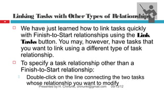 Linking Tasks with Other Types of Relationships
50



            We have just learned how to link tasks quickly
             with Finish‑to‑Start relationships using the Link
             Tasks button. You may, however, have tasks that
             you want to link using a different type of task
             relationship.
            To specify a task relationship other than a
             Finish‑to-Start relationship:
              Double‑click on the line connecting the two tasks
               whose relationship you want to modify
                   Presented by H. Chinunki, chinunki@gmail.com 09/13/12
 