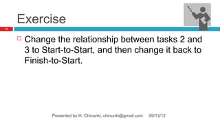 Exercise
53




        Change the relationship between tasks 2 and
         3 to Start-to-Start, and then change it back to
         Finish-to-Start.




                Presented by H. Chinunki, chinunki@gmail.com   09/13/12
 