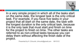 63



     In a very simple project in which all of the tasks start
     on the same date, the longest task is the only critical
     task. For example, if you have five tasks in your
     project that all start on the same date, the task with
     the longest duration is the only critical task, because
     it is the only task that must start and finish on time
     for the project to finish on time. The other tasks are
     referred to as non‑critical tasks because you can
     delay them without affecting the finish date of the
     project.
               Presented by H. Chinunki, chinunki@gmail.com   09/13/12
 