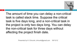 64




     The amount of time you can delay a non‑critical
     task is called slack time. Suppose the critical
     task is five days long, and a non‑critical task in
     the project is only two days long. You can delay
     the non‑critical task for three days without
     affecting the project finish date.

              Presented by H. Chinunki, chinunki@gmail.com   09/13/12
 
