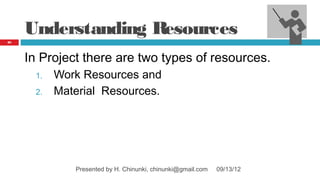 Understanding Resources
83




     In Project there are two types of resources.
       1.   Work Resources and
       2.   Material Resources.




               Presented by H. Chinunki, chinunki@gmail.com   09/13/12
 
