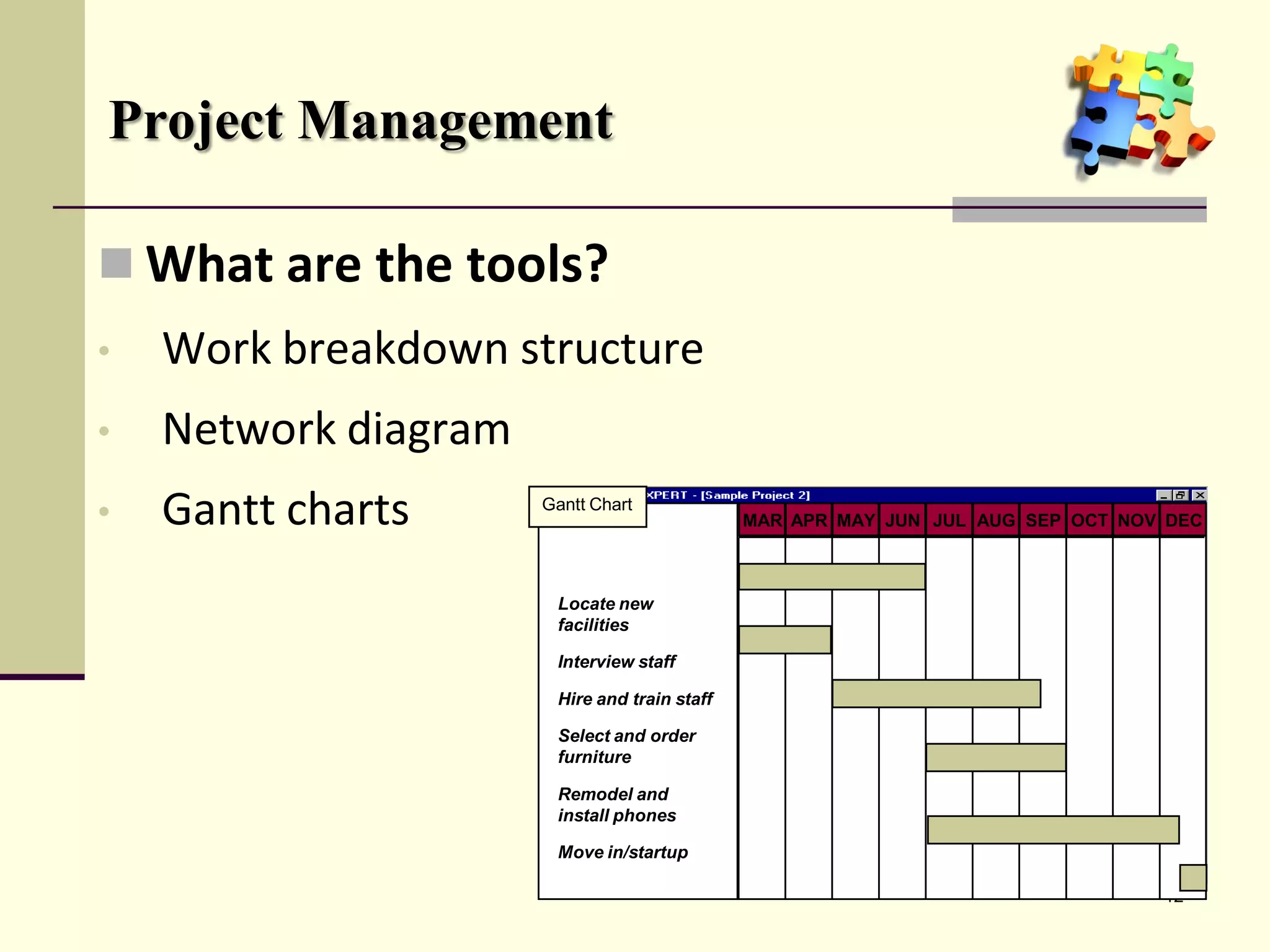 Project Management

 What are the tools?
•   Work breakdown structure
•   Network diagram
•   Gantt charts      Gantt Chart                       Project X
                                              MAR APR MAY JUN JUL AUG SEP OCT NOV DEC


                        Level 1
                       Locate new
                       facilities

                        Level 2
                       Interview staff

                       Hire and train staff
                        Level 3
                       Select and order
                       furniture

                       Remodel and
                        Level 4
                       install phones

                       Move in/startup

                                                                                 12
 