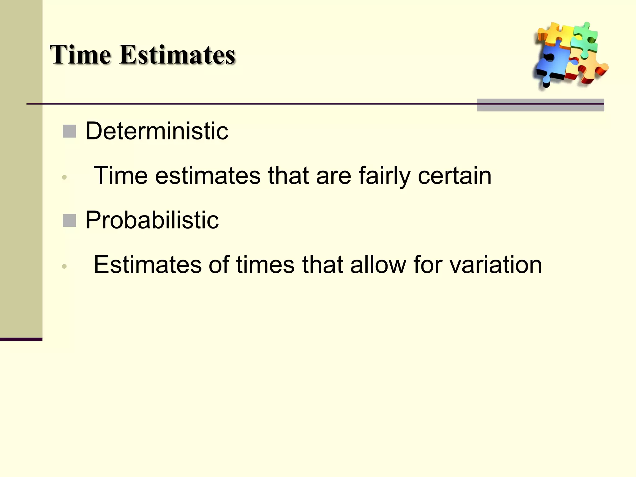 Time Estimates

 Deterministic

•   Time estimates that are fairly certain
 Probabilistic

•   Estimates of times that allow for variation
 