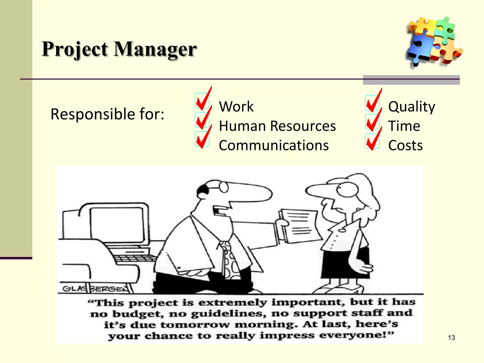 Project Manager
Responsible for: Work Quality
Human Resources Time
Communications Costs
13
 