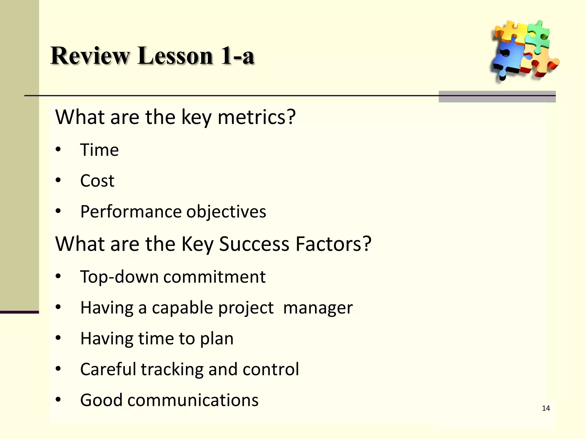 Review Lesson 1-a
What are the key metrics?
• ____
• ____
• Performance ___________
What are the Key Success Factors?
• Top-down __________
• Having a _______ project _______
• Having ____ to plan
• Careful tracking and _______
• Good ______________.
What are the key metrics?
• Time
• ____
• Performance ___________
What are the Key Success Factors?
• Top-down __________
• Having a _______ project _______
• Having ____ to plan
• Careful tracking and _______
• Good ______________.
What are the key metrics?
• Time
• Cost
• Performance ___________
What are the Key Success Factors?
• Top-down __________
• Having a _______ project _______
• Having ____ to plan
• Careful tracking and _______
• Good ______________.
What are the key metrics?
• Time
• Cost
• Performance objectives
What are the Key Success Factors?
• Top-down __________
• Having a _______ project _______
• Having ____ to plan
• Careful tracking and _______
• Good ______________.
What are the key metrics?
• Time
• Cost
• Performance objectives
What are the Key Success Factors?
• Top-down commitment
• Having a ______ project _______
• Having ____ to plan
• Careful tracking and _______
• Good ______________.
What are the key metrics?
• Time
• Cost
• Performance objectives
What are the Key Success Factors?
• Top-down commitment
• Having a capable project manager
• Having ____ to plan
• Careful tracking and _______
• Good ______________.
What are the key metrics?
• Time
• Cost
• Performance objectives
What are the Key Success Factors?
• Top-down commitment
• Having a capable project manager
• Having time to plan
• Careful tracking and _______
• Good ______________.
What are the key metrics?
• Time
• Cost
• Performance objectives
What are the Key Success Factors?
• Top-down commitment
• Having a capable project manager
• Having time to plan
• Careful tracking and control
• Good ______________.
What are the key metrics?
• Time
• Cost
• Performance objectives
What are the Key Success Factors?
• Top-down commitment
• Having a capable project manager
• Having time to plan
• Careful tracking and control
• Good communications 14
 