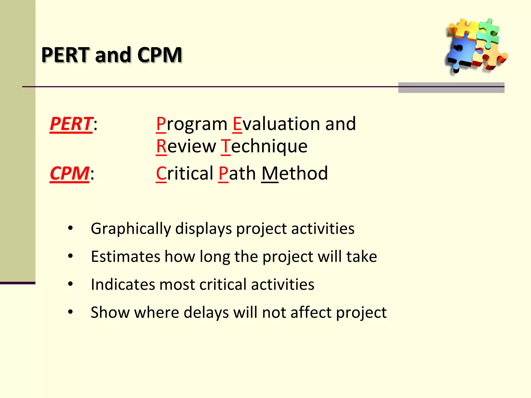 PERT: Program Evaluation and
Review Technique
CPM: Critical Path Method
• Graphically displays project activities
• Estimates how long the project will take
• Indicates most critical activities
• Show where delays will not affect project
PERT and CPM
 