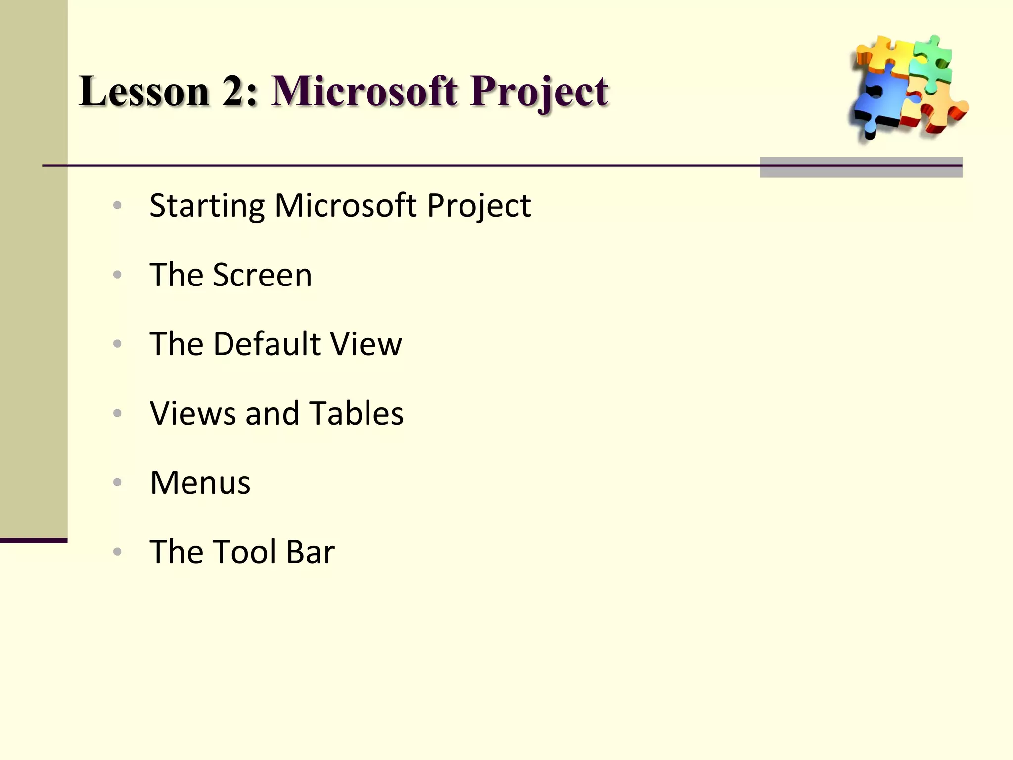 Lesson 2: Microsoft Project
• Starting Microsoft Project
• The Screen
• The Default View
• Views and Tables
• Menus
• The Tool Bar
 