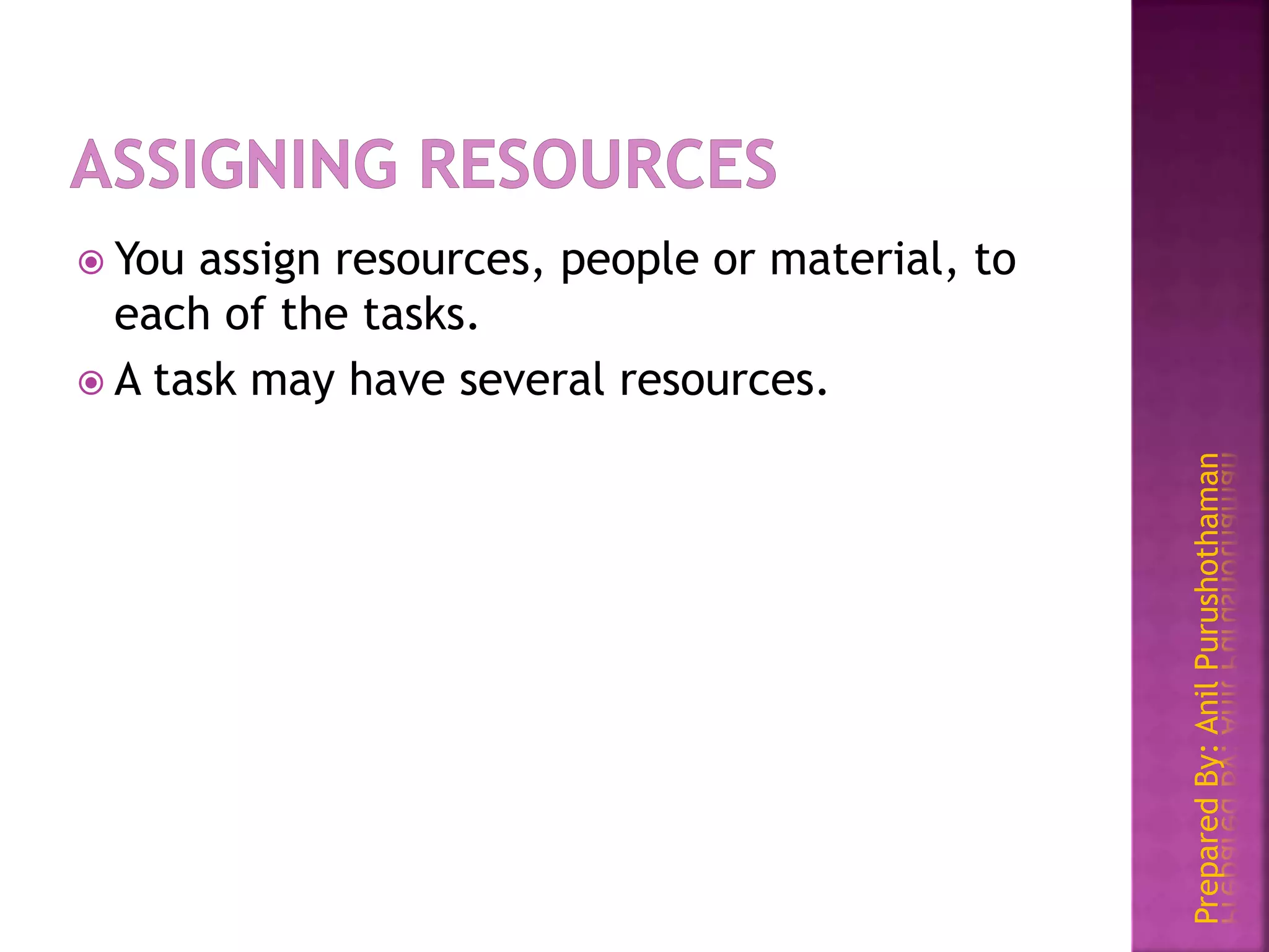 PreparedBy:AnilPurushothaman
 You assign resources, people or material, to
each of the tasks.
 A task may have several resources.
 