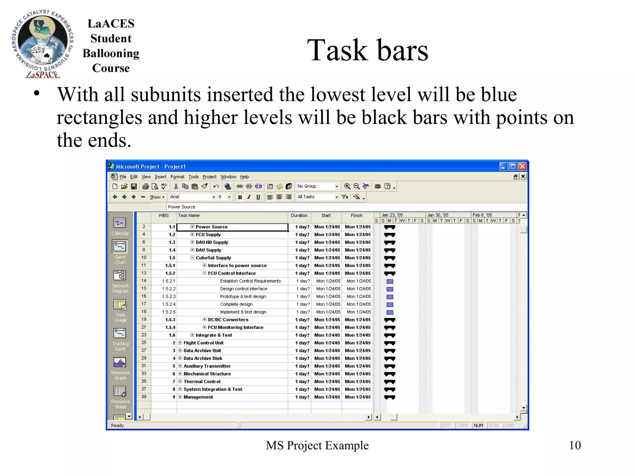 MS Project Example 10
Task bars
• With all subunits inserted the lowest level will be blue
rectangles and higher levels will be black bars with points on
the ends.
 