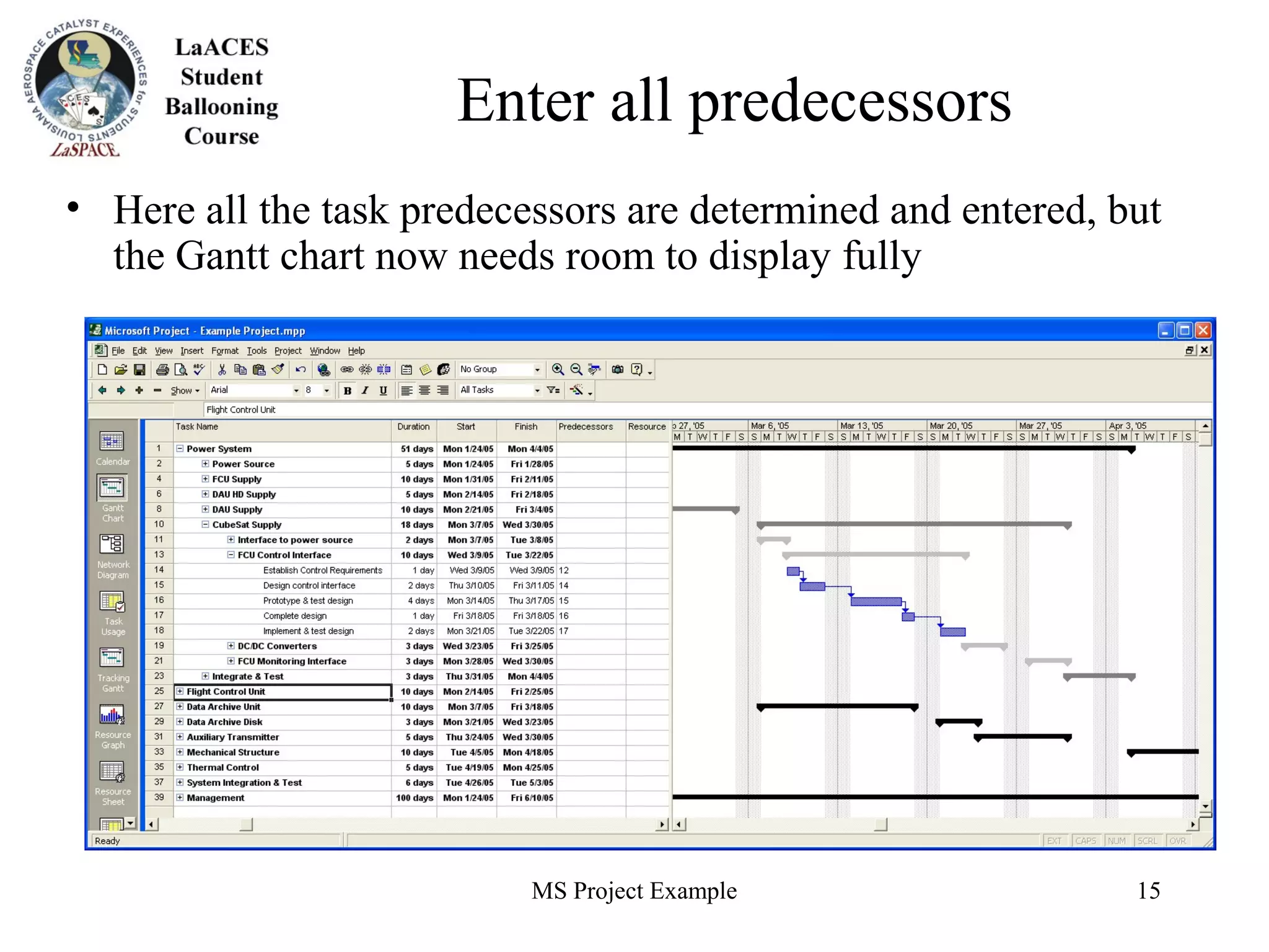 MS Project Example 15
Enter all predecessors
• Here all the task predecessors are determined and entered, but
the Gantt chart now needs room to display fully
 