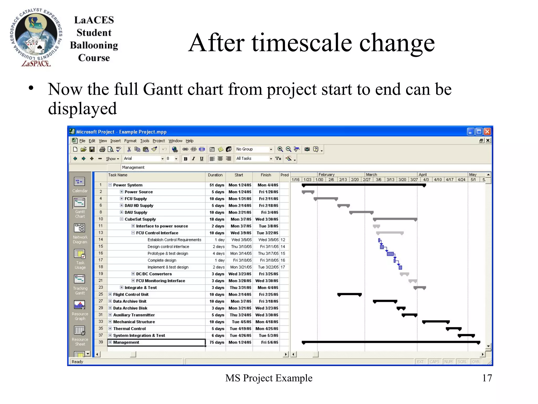 MS Project Example 17
After timescale change
• Now the full Gantt chart from project start to end can be
displayed
 