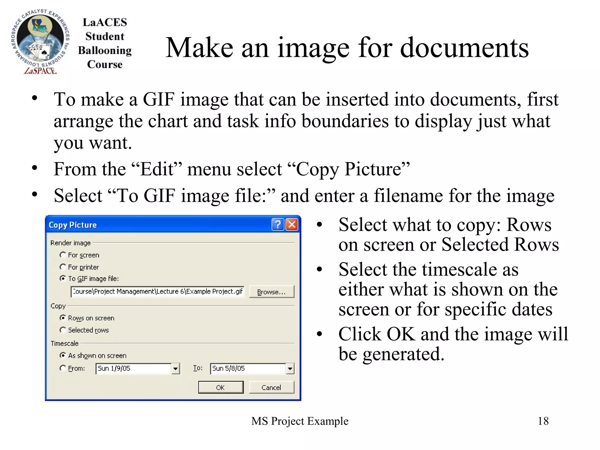 MS Project Example 18
Make an image for documents
• To make a GIF image that can be inserted into documents, first
arrange the chart and task info boundaries to display just what
you want.
• From the “Edit” menu select “Copy Picture”
• Select “To GIF image file:” and enter a filename for the image
• Select what to copy: Rows
on screen or Selected Rows
• Select the timescale as
either what is shown on the
screen or for specific dates
• Click OK and the image will
be generated.
 