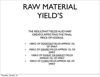 RAW MATERIAL
                            YIELD’S
                             THE RESULTANT YIELDS ALSO VARY
                               GREATLY, AFFECTING THE FINAL
                                     PRICE OF VODKAS.

                         •   100KG OF POTATOES YIELDS APPROX 10L
                                          OF SPIRIT
                         •   100KG OF GRAPES YIELDS APPROX 12L OF
                                           SPIRIT
                         •     100KG OF WHEAT OR BARLEY YIELDS
                                     APPROX 35L OF SPIRIT
                         •    100KG OF CORN YIELDS APPROX 40L OF
                                           SPIRIT



Thursday, 18 April, 13
 