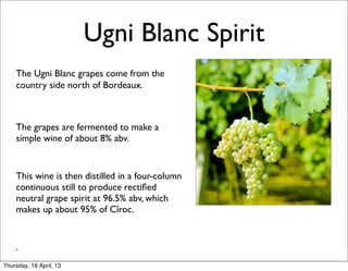 Ugni Blanc Spirit
	

   The Ugni Blanc grapes come from the
      country side north of Bordeaux.

	

	

   The grapes are fermented to make a
      simple wine of about 8% abv.


	

   This wine is then distilled in a four-column
      continuous still to produce rectiﬁed
      neutral grape spirit at 96.5% abv, which
      makes up about 95% of Cîroc.
	

	

   .
Thursday, 18 April, 13
 