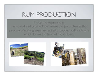 Firstly the sugarcane is
harvested and crushed to remove the juice. During the
process of making sugar we get a by product call molasses
which forms the base of most Rums.
RUM PRODUCTION
 