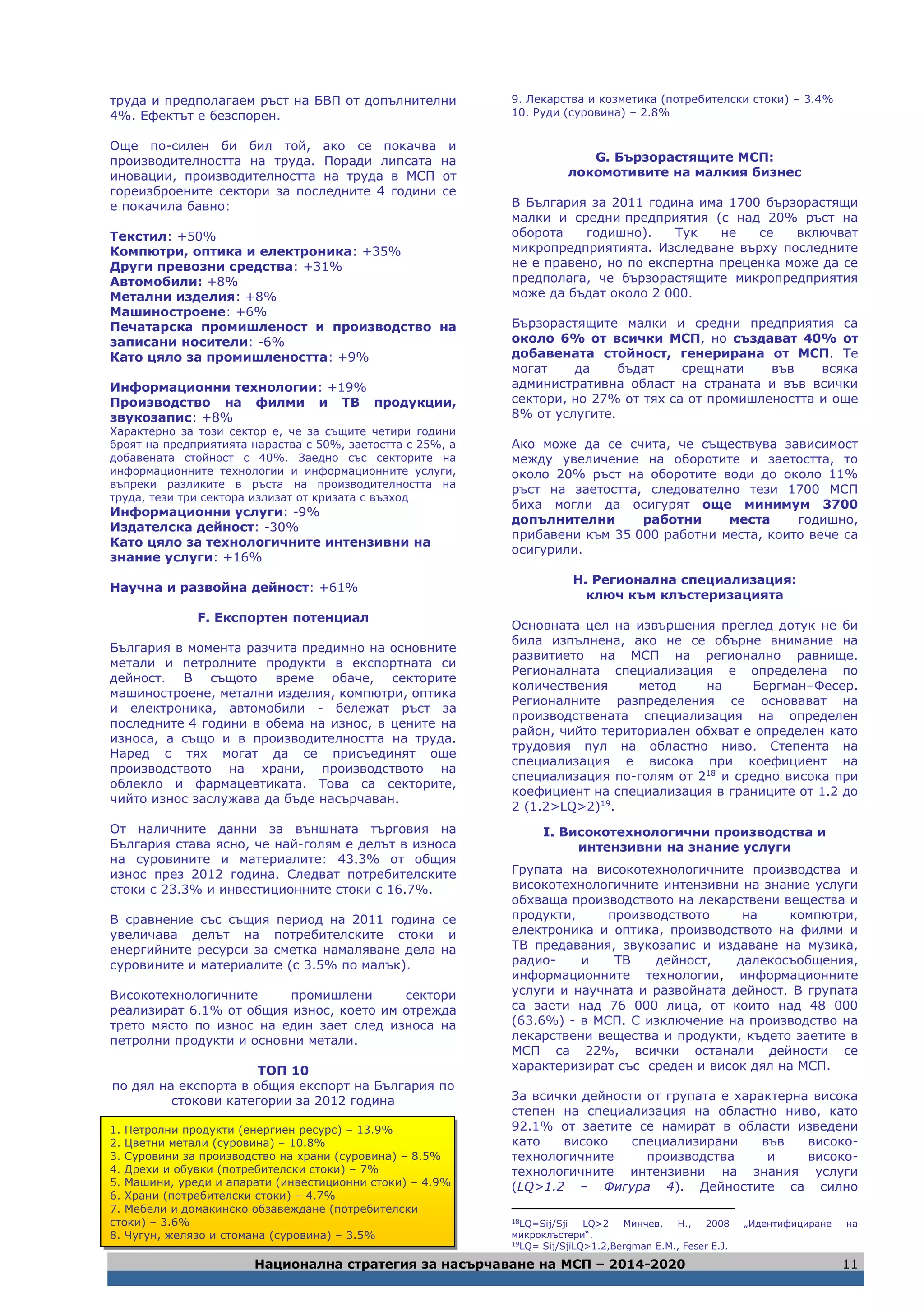 Национална стратегия за насърчаване на МСП – 2014-2020 11
труда и предполагаем ръст на БВП от допълнителни
4%. Ефектът е безспорен.
Още по-силен би бил той, ако се покачва и
производителността на труда. Поради липсата на
иновации, производителността на труда в МСП от
гореизброените сектори за последните 4 години се
е покачила бавно:
Текстил: +50%
Компютри, оптика и електроника: +35%
Други превозни средства: +31%
Автомобили: +8%
Метални изделия: +8%
Машиностроене: +6%
Печатарска промишленост и производство на
записани носители: -6%
Като цяло за промишлеността: +9%
Информационни технологии: +19%
Производство на филми и ТВ продукции,
звукозапис: +8%
Характерно за този сектор е, че за същите четири години
броят на предприятията нараства с 50%, заетостта с 25%, а
добавената стойност с 40%. Заедно със секторите на
информационните технологии и информационните услуги,
въпреки разликите в ръста на производителността на
труда, тези три сектора излизат от кризата с възход
Информационни услуги: -9%
Издателска дейност: -30%
Като цяло за технологичните интензивни на
знание услуги: +16%
Научна и развойна дейност: +61%
F. Експортен потенциал
България в момента разчита предимно на основните
метали и петролните продукти в експортната си
дейност. В същото време обаче, секторите
машиностроене, метални изделия, компютри, оптика
и електроника, автомобили - бележат ръст за
последните 4 години в обема на износ, в цените на
износа, а също и в производителността на труда.
Наред с тях могат да се присъединят още
производството на храни, производството на
облекло и фармацевтиката. Това са секторите,
чийто износ заслужава да бъде насърчаван.
От наличните данни за външната търговия на
България става ясно, че най-голям е делът в износа
на суровините и материалите: 43.3% от общия
износ през 2012 година. Следват потребителските
стоки с 23.3% и инвестиционните стоки с 16.7%.
В сравнение със същия период на 2011 година се
увеличава делът на потребителските стоки и
енергийните ресурси за сметка намаляване дела на
суровините и материалите (с 3.5% по малък).
Високотехнологичните промишлени сектори
реализират 6.1% от общия износ, което им отрежда
трето място по износ на един зает след износа на
петролни продукти и основни метали.
ТОП 10
по дял на експорта в общия експорт на България по
стокови категории за 2012 година
1. Петролни продукти (енергиен ресурс) – 13.9%
2. Цветни метали (суровина) – 10.8%
3. Суровини за производство на храни (суровина) – 8.5%
4. Дрехи и обувки (потребителски стоки) – 7%
5. Машини, уреди и апарати (инвестиционни стоки) – 4.9%
6. Храни (потребителски стоки) – 4.7%
7. Мебели и домакинско обзавеждане (потребителски
стоки) – 3.6%
8. Чугун, желязо и стомана (суровина) – 3.5%
9. Лекарства и козметика (потребителски стоки) – 3.4%
10. Руди (суровина) – 2.8%
G. Бързорастящите МСП:
локомотивите на малкия бизнес
В България за 2011 година има 1700 бързорастящи
малки и средни предприятия (с над 20% ръст на
оборота годишно). Тук не се включват
микропредприятията. Изследване върху последните
не е правено, но по експертна преценка може да се
предполага, че бързорастящите микропредприятия
може да бъдат около 2 000.
Бързорастящите малки и средни предприятия са
около 6% от всички МСП, но създават 40% от
добавената стойност, генерирана от МСП. Те
могат да бъдат срещнати във всяка
административна област на страната и във всички
сектори, но 27% от тях са от промишлеността и още
8% от услугите.
Ако може да се счита, че съществува зависимост
между увеличение на оборотите и заетостта, то
около 20% ръст на оборотите води до около 11%
ръст на заетостта, следователно тези 1700 МСП
биха могли да осигурят още минимум 3700
допълнителни работни места годишно,
прибавени към 35 000 работни места, които вече са
осигурили.
H. Регионална специализация:
ключ към клъстеризацията
Основната цел на извършения преглед дотук не би
била изпълнена, ако не се обърне внимание на
развитието на МСП на регионално равнище.
Регионалната специализация е определена по
количествения метод на Бергман–Фесер.
Регионалните разпределения се основават на
производствената специализация на определен
район, чийто териториален обхват е определен като
трудовия пул на областно ниво. Степента на
специализация е висока при коефициент на
специализация по-голям от 218
и средно висока при
коефициент на специализация в границите от 1.2 до
2 (1.2>LQ>2)19
.
I. Високотехнологични производства и
интензивни на знание услуги
Групата на високотехнологичните производства и
високотехнологичните интензивни на знание услуги
обхваща производството на лекарствени вещества и
продукти, производството на компютри,
електроника и оптика, производството на филми и
ТВ предавания, звукозапис и издаване на музика,
радио- и ТВ дейност, далекосъобщения,
информационните технологии, информационните
услуги и научната и развойната дейност. В групата
са заети над 76 000 лица, от които над 48 000
(63.6%) - в МСП. С изключение на производство на
лекарствени вещества и продукти, където заетите в
МСП са 22%, всички останали дейности се
характеризират със среден и висок дял на МСП.
За всички дейности от групата е характерна висока
степен на специализация на областно ниво, като
92.1% от заетите се намират в области изведени
като високо специализирани във високо-
технологичните производства и високо-
технологичните интензивни на знания услуги
(LQ>1.2 – Фигура 4). Дейностите са силно
18
LQ=Sij/Sji LQ>2 Минчев, Н., 2008 „Идентифициране на
микроклъстери“.
19
LQ= Sij/SjiLQ>1.2,Bergman E.M., Feser E.J.
 
